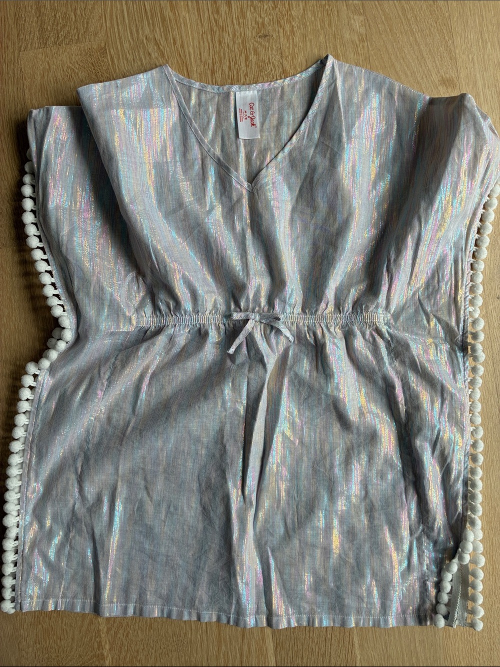 Kids Iridescent Pom-Pom One-Piece Tunic - beach and swim cover up Silver